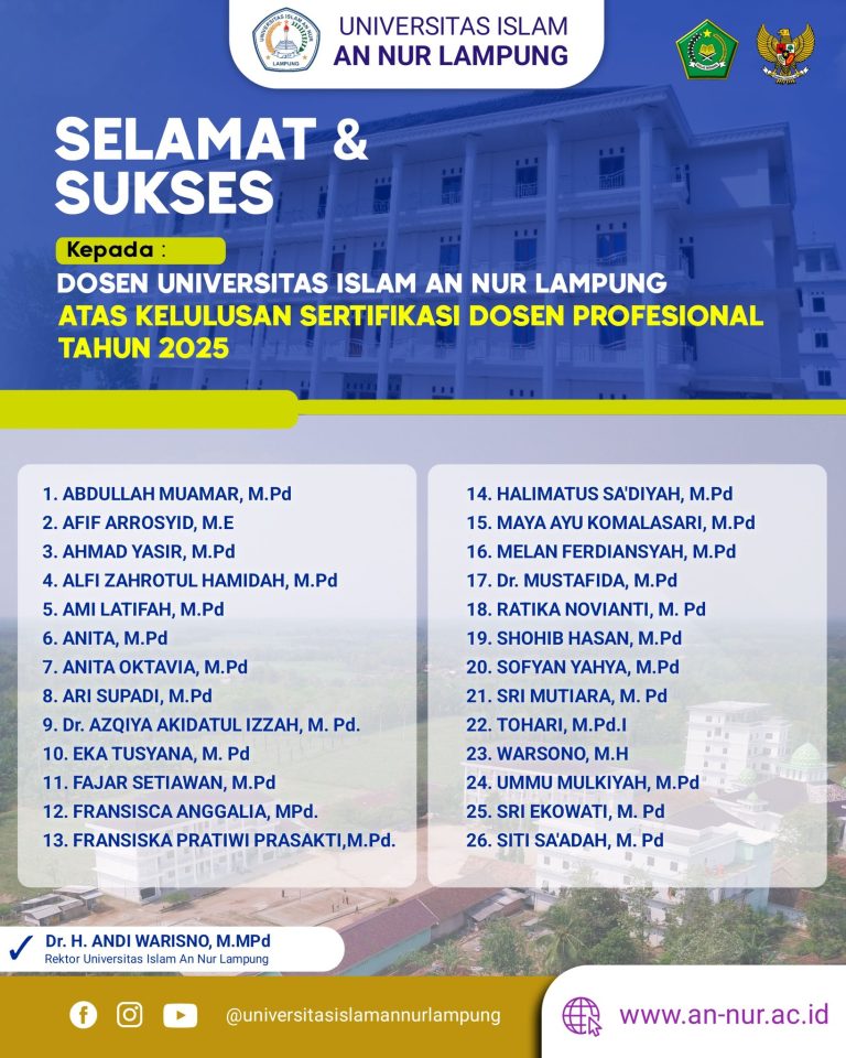 Dosen Universitas Islam An Nur Lampung Lulus Sertifikasi Dosen Profesional Tahun 2025