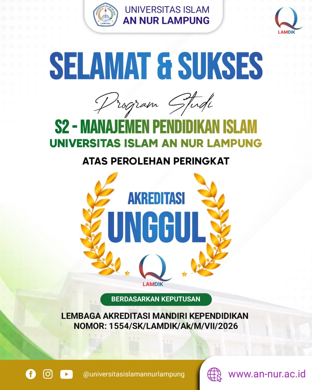 Prodi MPI S2 Universitas Islam An Nur Lampung Raih Akreditasi Unggul dari LAMDIK